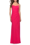 La Femme Elegant Jersey Dress With Ruching And Square Neckline In Hot Coral