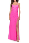 La Femme Elegant Jersey Dress With Ruching And Square Neckline In Pink
