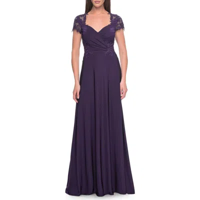 La Femme Elegant Jersey Evening Dress With Lace Details In Purple