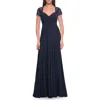 La Femme Elegant Jersey Evening Dress With Lace Details In Navy