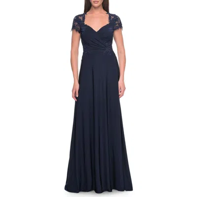 La Femme Elegant Jersey Evening Dress With Lace Details In Navy