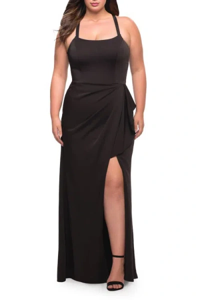 La Femme Elegant Jersey Gown With Ruffle Slit Detail In Black