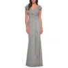 La Femme Elegant Net Jersey Long Gown With Ruching In Silver