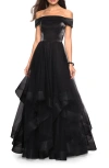 La Femme Off-the Shoulder Tulle Dress With Tiered Ruffle Skirt In Black In Black