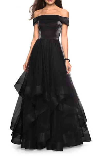 LA FEMME LA FEMME ELEGANT OFF THE SHOULDER TULLE LAYERED BALL GOWN