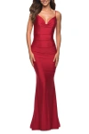 La Femme Elegant Ruched Jersey Gown With Low Back In Red