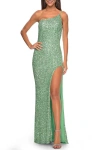 La Femme Elegant Soft Sequin One Shoulder Long Dress