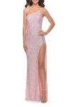 La Femme Elegant Soft Sequin One Shoulder Long Dress