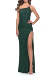 La Femme Elegant Soft Sequin One Shoulder Long Dress In Emerald