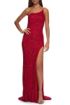 La Femme Elegant Soft Sequin One Shoulder Long Dress In Red
