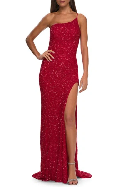 La Femme Elegant Soft Sequin One Shoulder Long Dress In Red