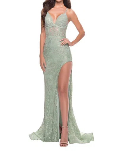 LA FEMME EMBELLISHED RHINESTONES LACE PROM DRESS IN SAGE