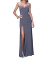 La Femme Embroidered Halter Dress In Grey In Multi