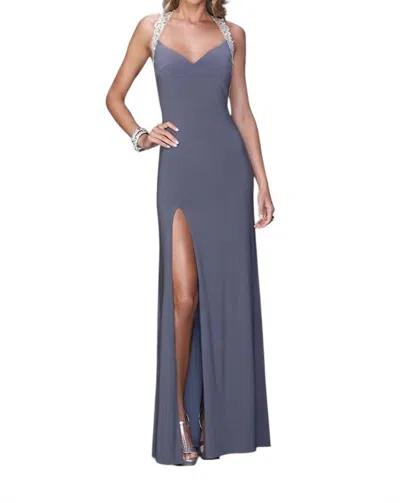La Femme Embroidered Halter Dress In Grey In Multi