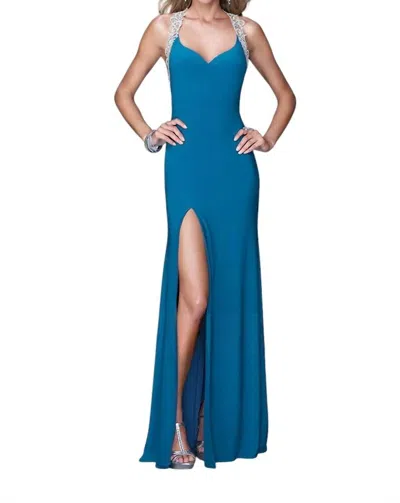 La Femme Embroidered Halter Dress In Teal In Blue