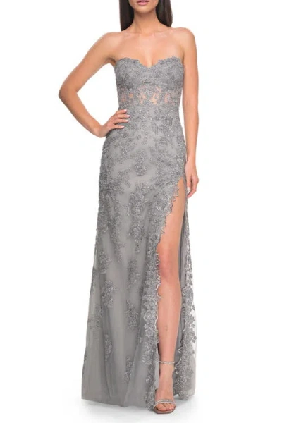 La Femme Embroidered Lace Fitted Prom Dress With Lace Edge Slit In Silver
