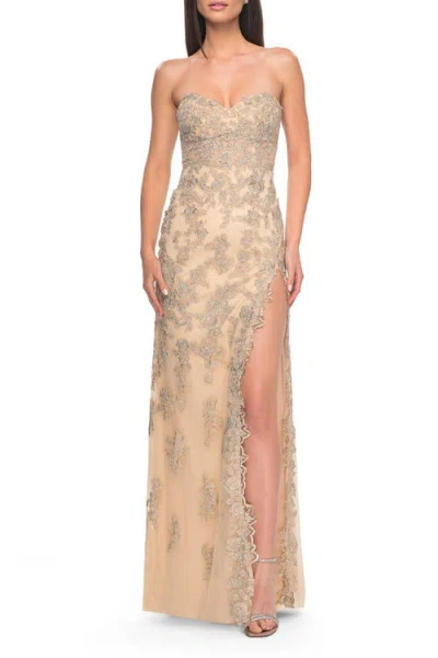 La Femme Embroidered Lace Fitted Prom Dress With Lace Edge Slit In Gold