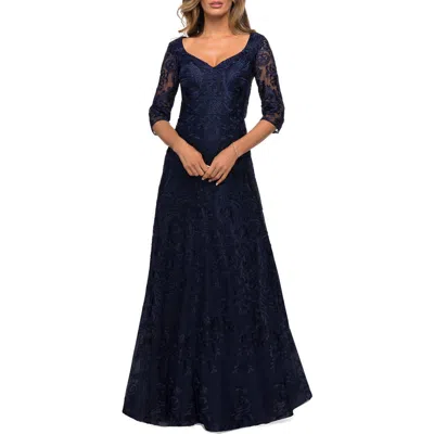 La Femme Embroidered Lace Gown With V Neckline And Flare Skirt In Black