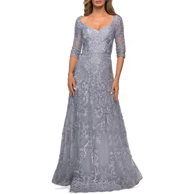 La Femme Embroidered Lace Gown With V Neckline And Flare Skirt In Silver