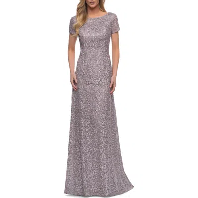 La Femme Embroidered Lace Long Gown With Short Sleeves In Purple