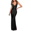 La Femme Empire Waist Dress With Ruching And Lace Up Back In Black