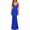 La Femme Empire Waist Dress With Ruching And Lace Up Back In Royal Blue