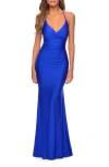 La Femme Empire Waist Dress With Ruching And Lace Up Back In Royal Blue