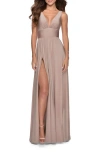 La Femme Empire Waist Gown With Deep V Neckline