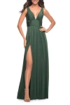 La Femme Empire Waist Gown With Deep V Neckline