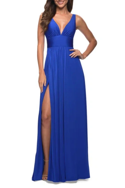La Femme Empire Waist Gown With Deep V Neckline