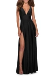 La Femme Empire Waist Gown With Deep V Neckline In Black