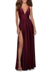 La Femme Empire Waist Gown With Deep V Neckline In Dark Berry