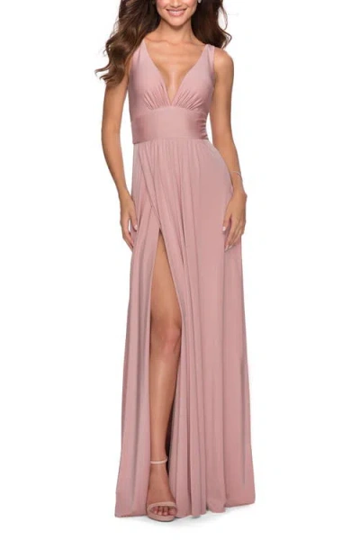 La Femme Empire Waist Gown With Deep V Neckline In Mauve