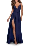 La Femme Empire Waist Gown With Deep V Neckline In Navy