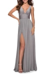 La Femme Empire Waist Gown With Deep V Neckline In Silver
