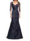La Femme Illusion Beaded Sleeve Mermaid Satin Pleated Gown In Black