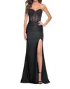 La Femme Exposed Boning Ruched Jersey Prom Dress In Black In Black