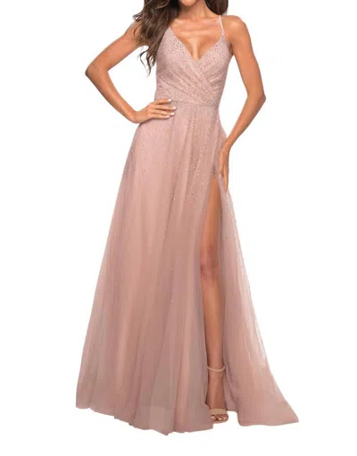 La Femme Faux Wrap Top Prom Dress In Mauve In Pink