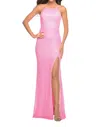 La Femme Figure Forming Long Line Sequin Prom Dress In Neon Pink In Pink
