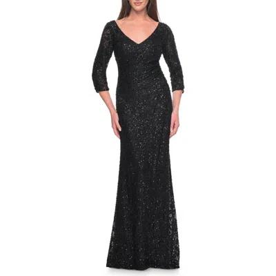 La Femme Fitted Beaded Lace Evening Gown With Ruching In Black