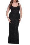 La Femme Fitted Beaded Lace Plus Size Prom Dress With Illusion Waist