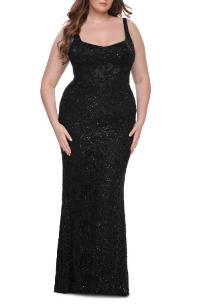 La Femme Fitted Beaded Lace Plus Size Prom Dress With Illusion Waist In Black