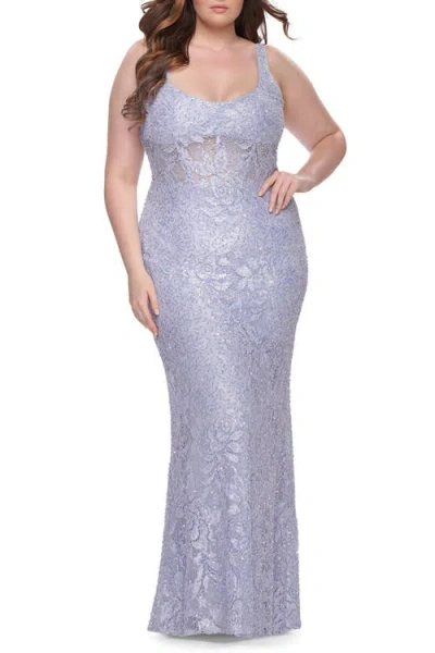 La Femme Fitted Beaded Lace Plus Size Prom Dress With Illusion Waist In Purple
