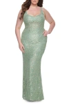 La Femme Fitted Beaded Lace Plus Size Prom Dress With Illusion Waist In Green