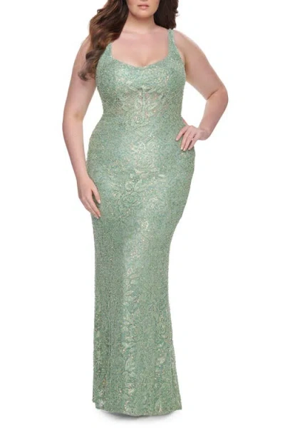 La Femme Fitted Beaded Lace Plus Size Prom Dress With Illusion Waist In Green