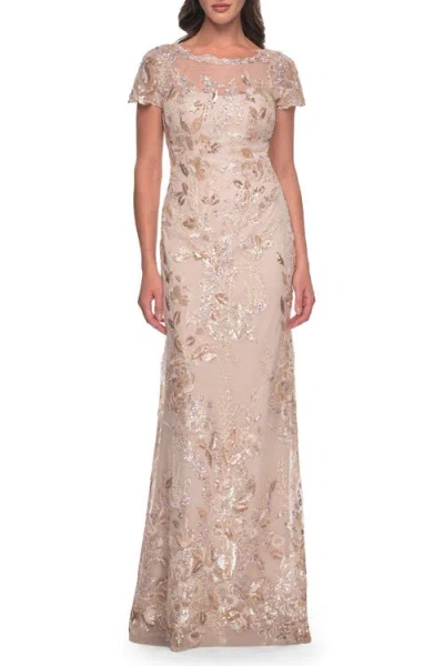 La Femme Fitted Chic Beaded Dress With Illusion Neckline And Short Sleeves In Champagne
