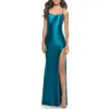 La Femme Fitted Liquid Jersey Dress With High Slit And Open Back
