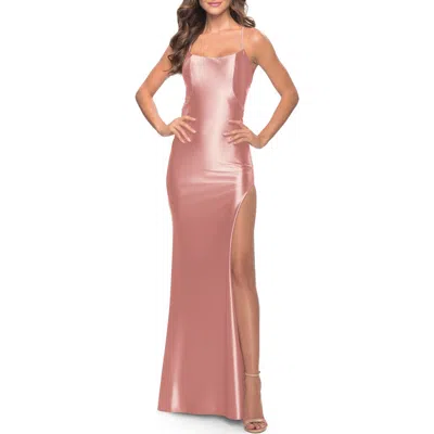 La Femme Fitted Liquid Jersey Dress With High Slit And Open Back
