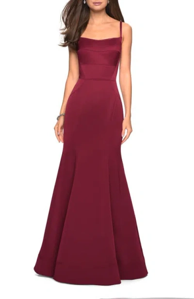 La Femme Fitted Long Dress With Seams And Large Gold Zipper In Burgundy
