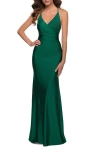 La Femme Fitted Long Jersey Gown With Criss Cross Bodice In Emerald